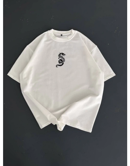 Baskılı Oversize Bisiklet Yaka T-shirt - Beyaz