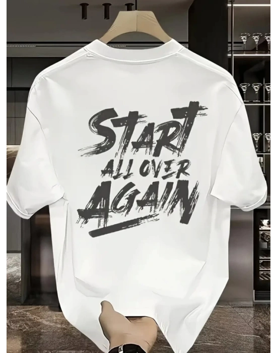 Baskılı Oversize Bisiklet Yaka T-shirt - Beyaz