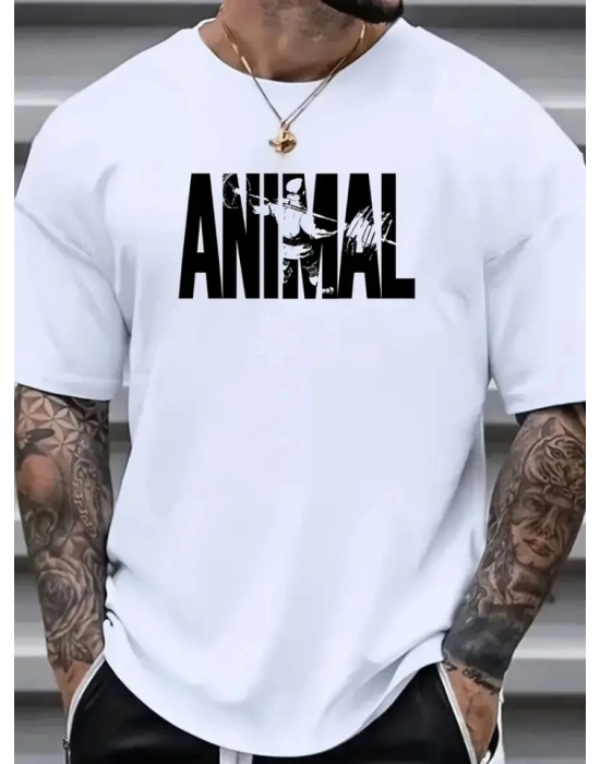 Baskılı Oversize Bisiklet Yaka T-shirt - Beyaz