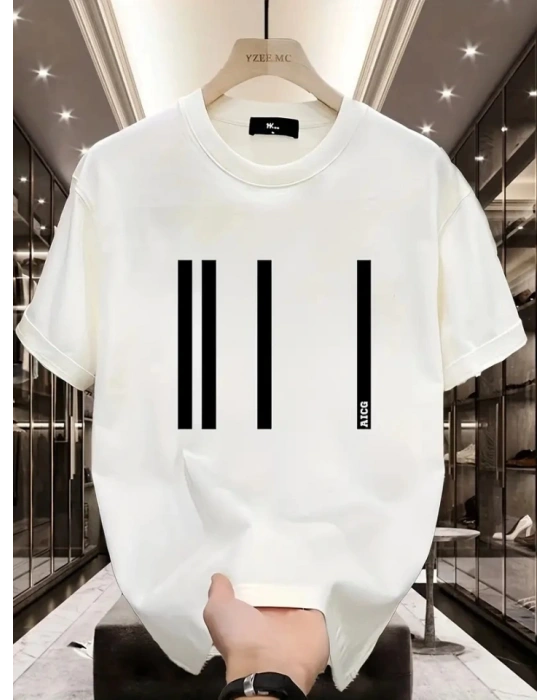 Baskılı Oversize Bisiklet Yaka T-shirt - Beyaz