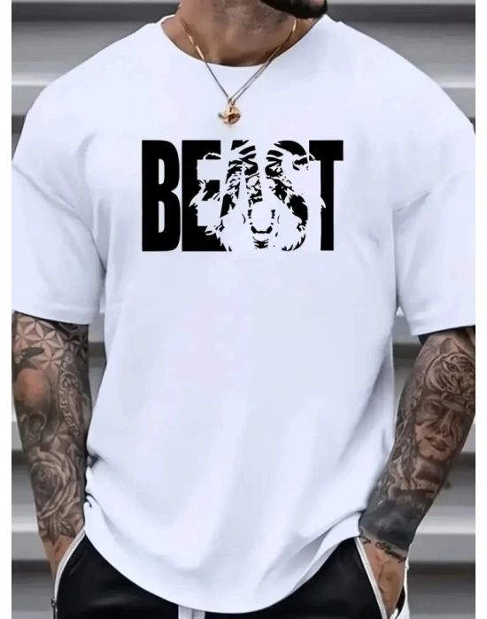 Baskılı Oversize Bisiklet Yaka T-shirt - Beyaz