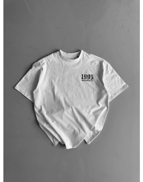 Baskılı Oversize Bisiklet Yaka T-shirt - Beyaz