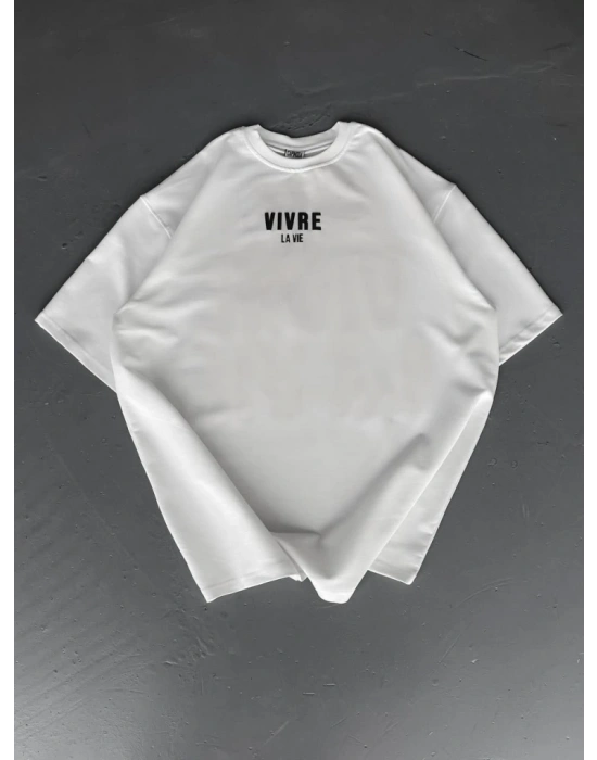 Baskılı Oversize Bisiklet Yaka T-shirt - Beyaz