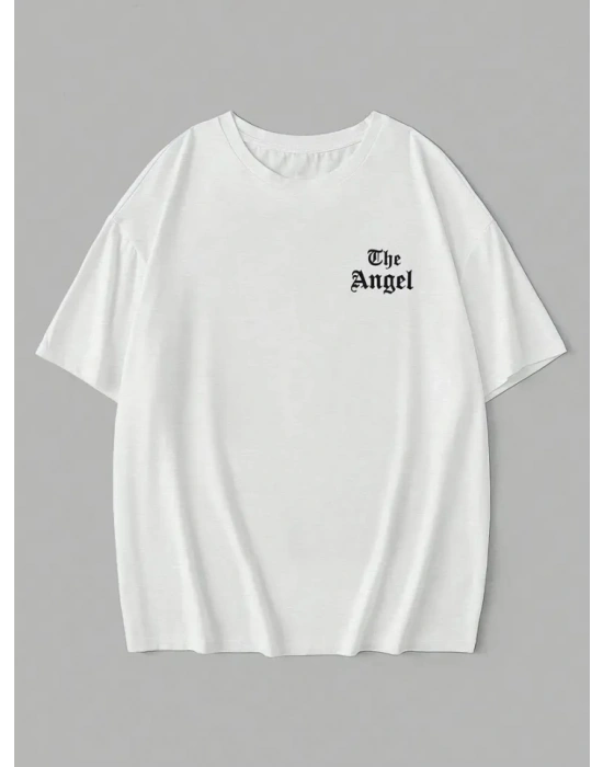 Baskılı Oversize Bisiklet Yaka T-shirt - Beyaz