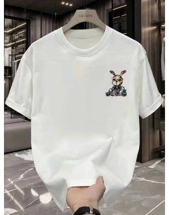 Baskılı Oversize Bisiklet Yaka T-shirt - Beyaz