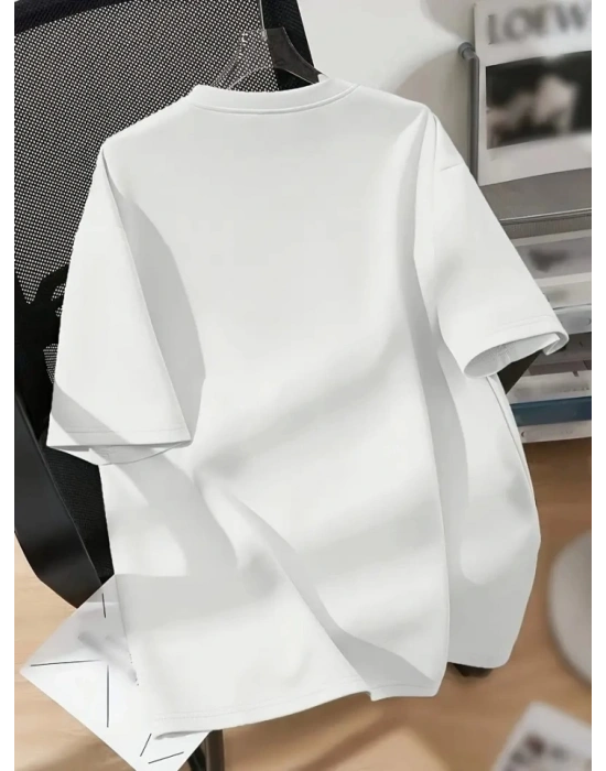 Baskılı Oversize Bisiklet Yaka T-shirt - Beyaz