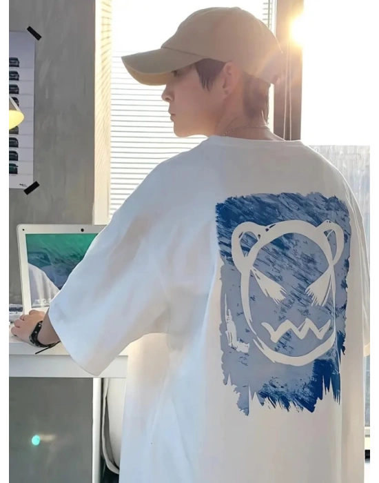 Baskılı Oversize Bisiklet Yaka T-shirt - Beyaz