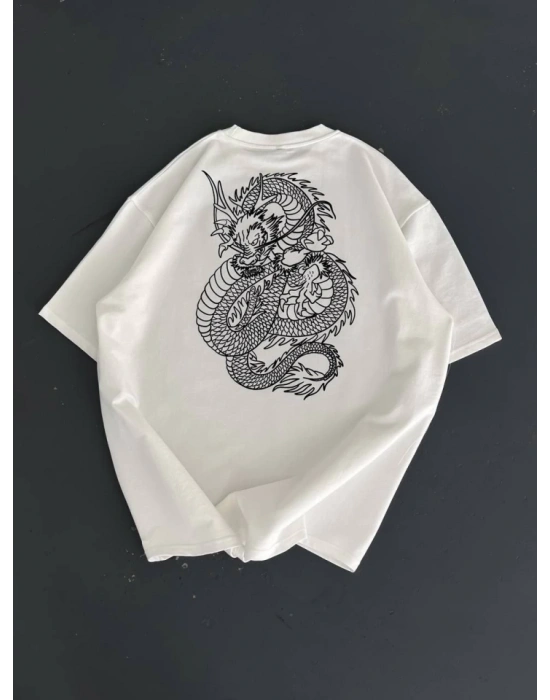 Baskılı Oversize Bisiklet Yaka T-shirt - Beyaz
