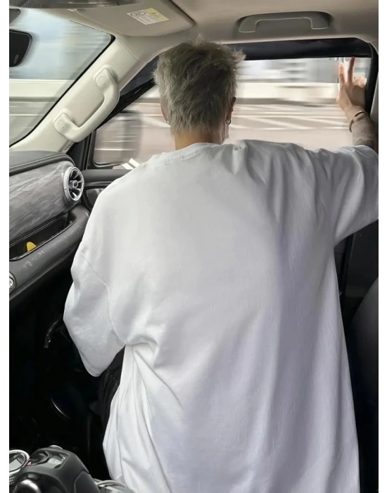Baskılı Oversize Bisiklet Yaka T-shirt - Beyaz