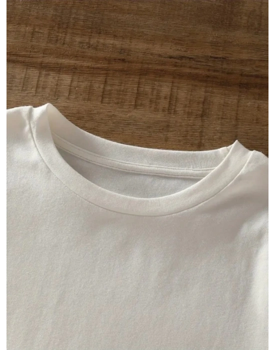 Baskılı Oversize Bisiklet Yaka T-shirt - Beyaz