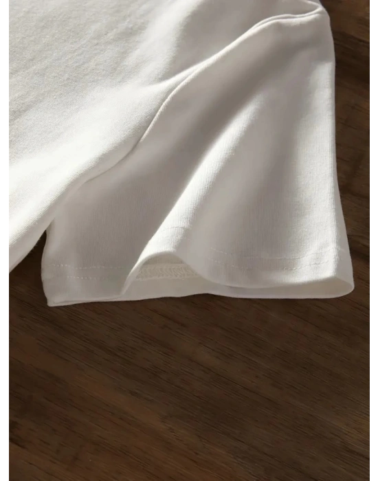 Baskılı Oversize Bisiklet Yaka T-shirt - Beyaz