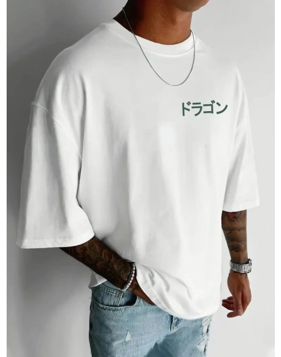 Baskılı Oversize Bisiklet Yaka T-shirt - Beyaz