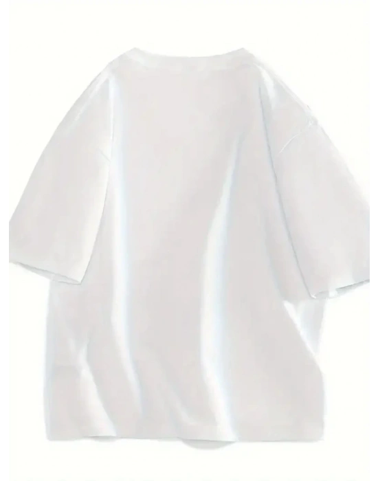 Baskılı Oversize Bisiklet Yaka T-shirt - Beyaz