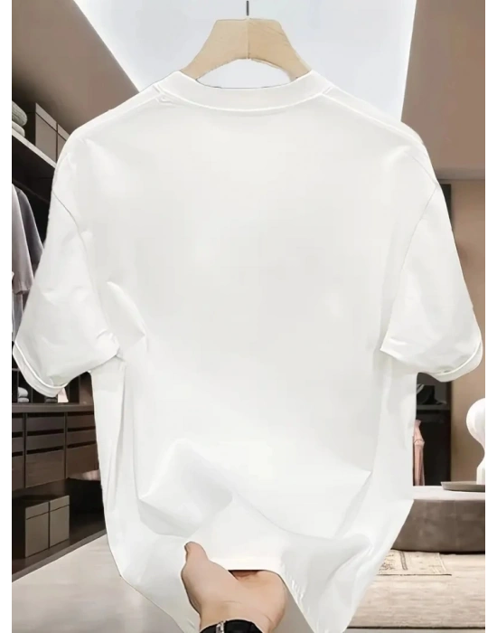 Baskılı Oversize Bisiklet Yaka T-shirt - Beyaz