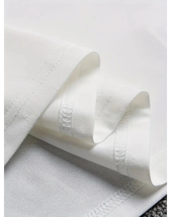 Baskılı Oversize Bisiklet Yaka T-shirt - Beyaz