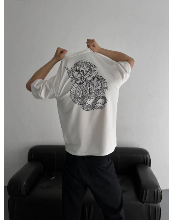 Baskılı Oversize Bisiklet Yaka T-shirt - Beyaz