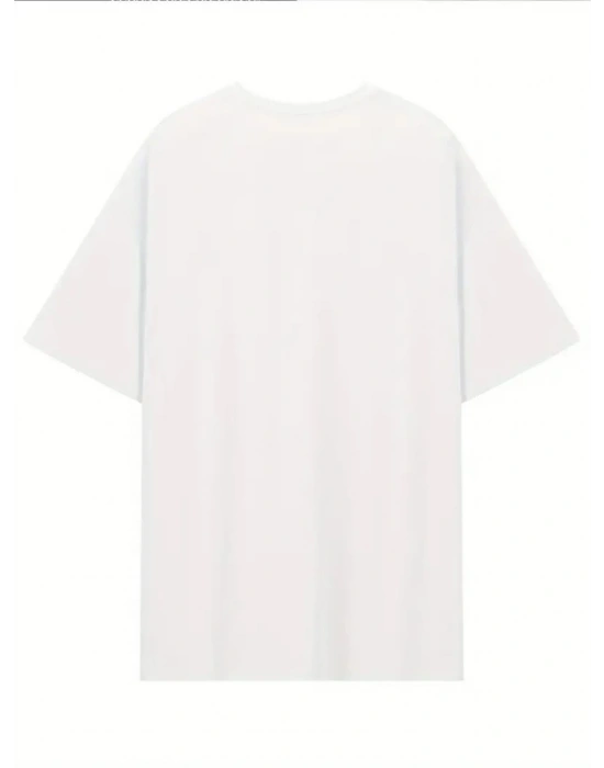 Baskılı Oversize Bisiklet Yaka T-shirt - Beyaz