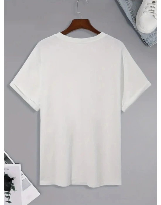 Baskılı Oversize Bisiklet Yaka T-shirt - Beyaz