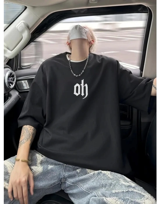Baskılı Oversize Bisiklet Yaka T-shirt - Siyah
