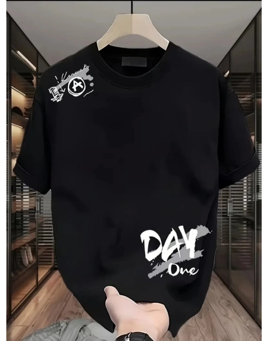 Baskılı Oversize Bisiklet Yaka T-shirt - Siyah