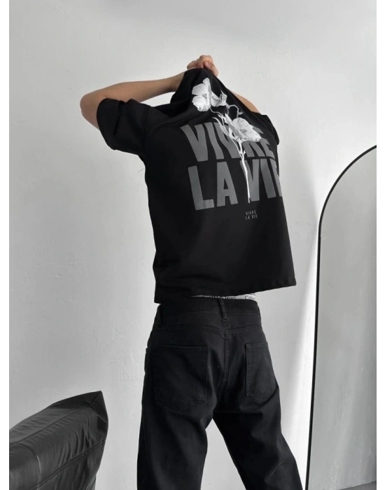 Baskılı Oversize Bisiklet Yaka T-shirt - Siyah