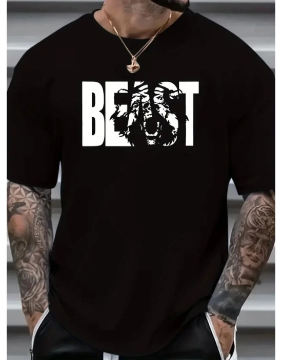 Baskılı Oversize Bisiklet Yaka T-shirt - Siyah