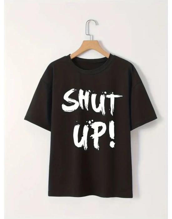 Baskılı Oversize Bisiklet Yaka T-shirt - Siyah