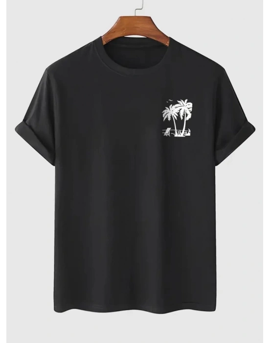 Baskılı Oversize Bisiklet Yaka T-shirt - Siyah