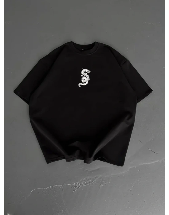 Baskılı Oversize Bisiklet Yaka T-shirt - Siyah