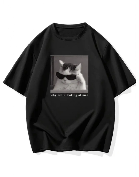 Baskılı Oversize Bisiklet Yaka T-shirt - Siyah