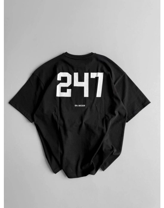 Baskılı Oversize Bisiklet Yaka T-shirt - Siyah