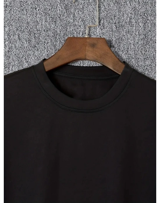 Baskılı Oversize Bisiklet Yaka T-shirt - Siyah