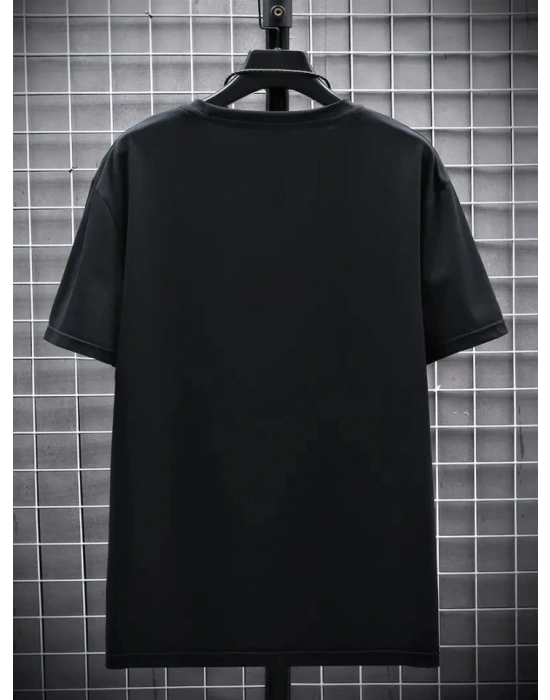 Baskılı Oversize Bisiklet Yaka T-shirt - Siyah
