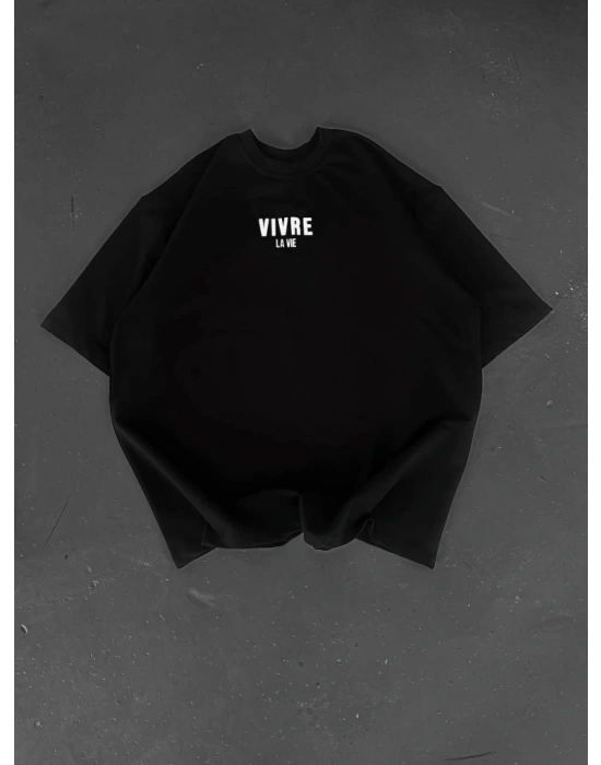 Baskılı Oversize Bisiklet Yaka T-shirt - Siyah