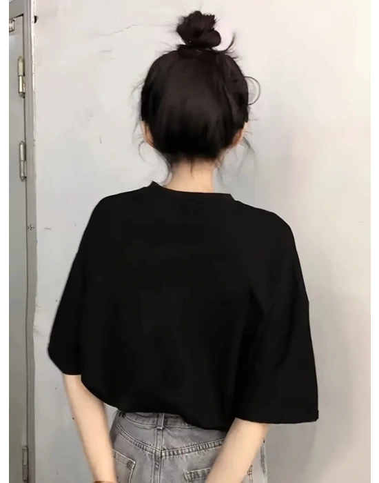 Baskılı Oversize Bisiklet Yaka T-shirt - Siyah