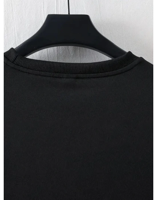 Baskılı Oversize Bisiklet Yaka T-shirt - Siyah
