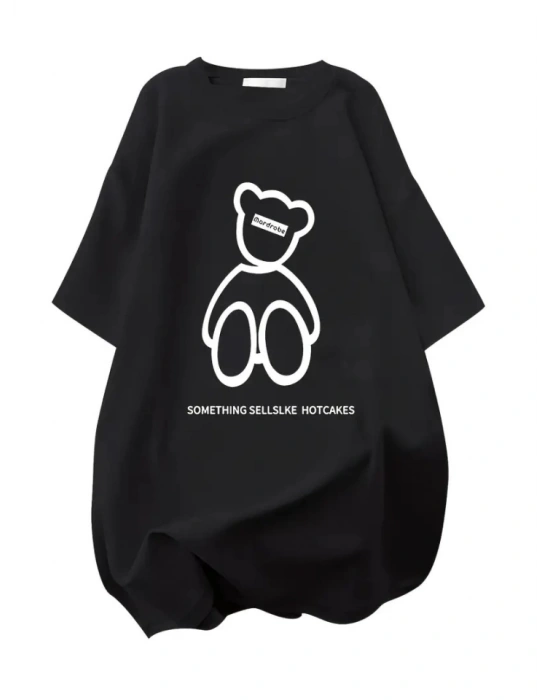 Baskılı Oversize Bisiklet Yaka T-shirt - Siyah