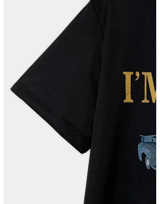 Baskılı Oversize Bisiklet Yaka T-shirt - Siyah