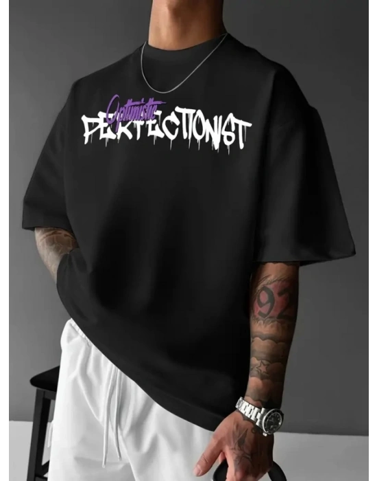 Baskılı Oversize Bisiklet Yaka T-shirt - Siyah