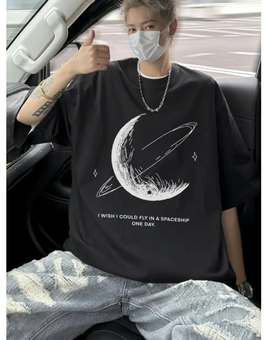 Baskılı Oversize Bisiklet Yaka T-shirt - Siyah
