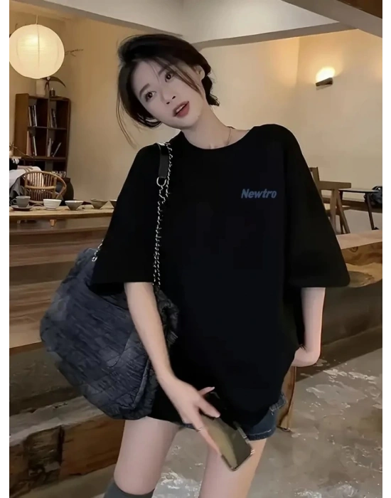 Baskılı Oversize Bisiklet Yaka T-shirt - Siyah