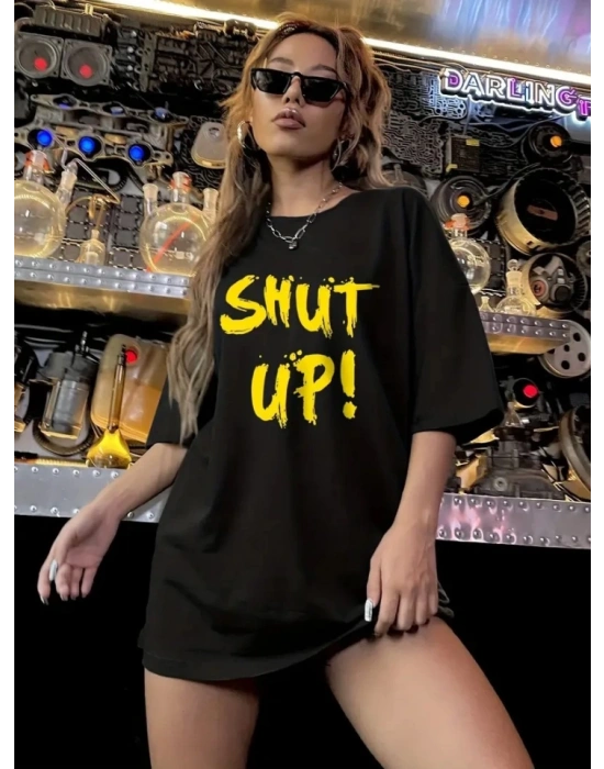 Baskılı Oversize Bisiklet Yaka T-shirt - Siyah