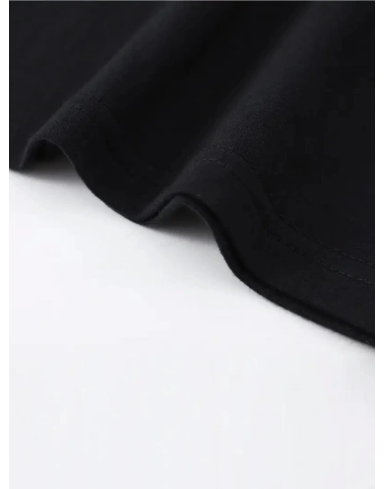 Baskılı Oversize Bisiklet Yaka T-shirt - Siyah