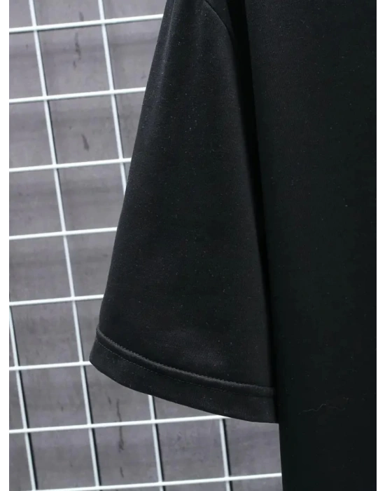 Baskılı Oversize Bisiklet Yaka T-shirt - Siyah