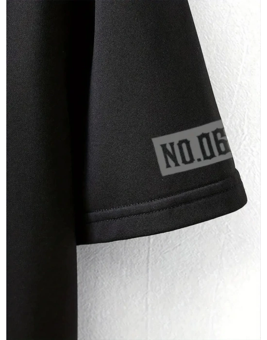Baskılı Oversize Bisiklet Yaka T-shirt - Siyah
