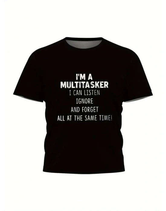 Baskılı Oversize Bisiklet Yaka T-shirt - Siyah