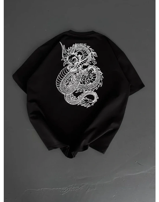 Baskılı Oversize Bisiklet Yaka T-shirt - Siyah
