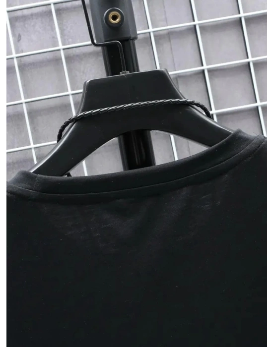 Baskılı Oversize Bisiklet Yaka T-shirt - Siyah