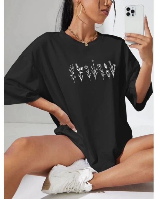 Baskılı Oversize T-shirt - Siyah