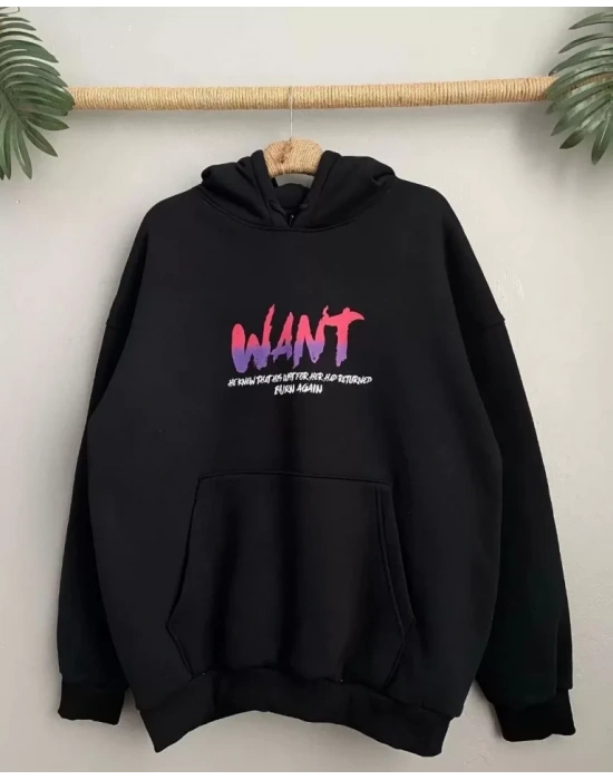 Baskılı Üç İplik Kapüşonlu Oversize Sweatshirt - Siyah